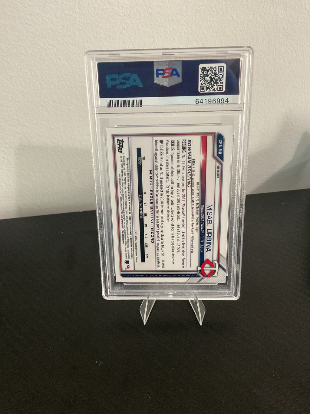 PSA 9 2021 Bowman chrome Misael Urbina auto /499 refractor